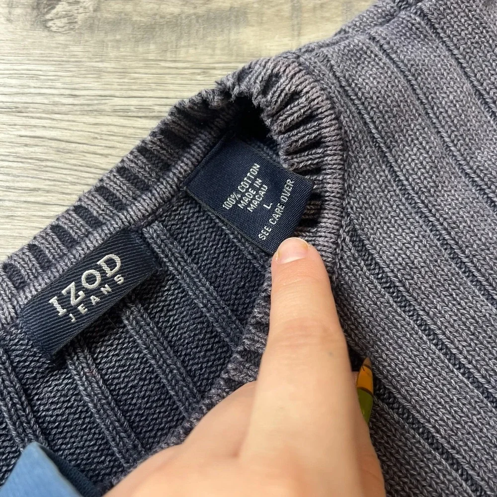 IZOD Jeans Sweater Mens L Blue Ribbed Knit Crew Neck Cotton Pullover Vintage 90s